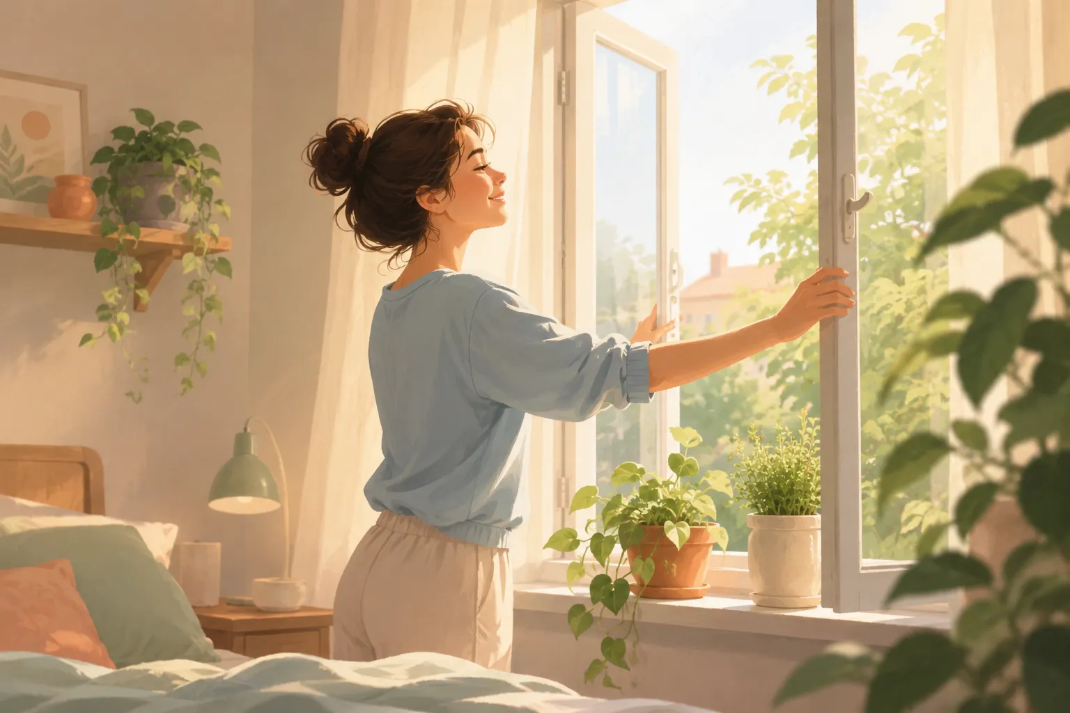 Frau lüftet Schlafzimmer