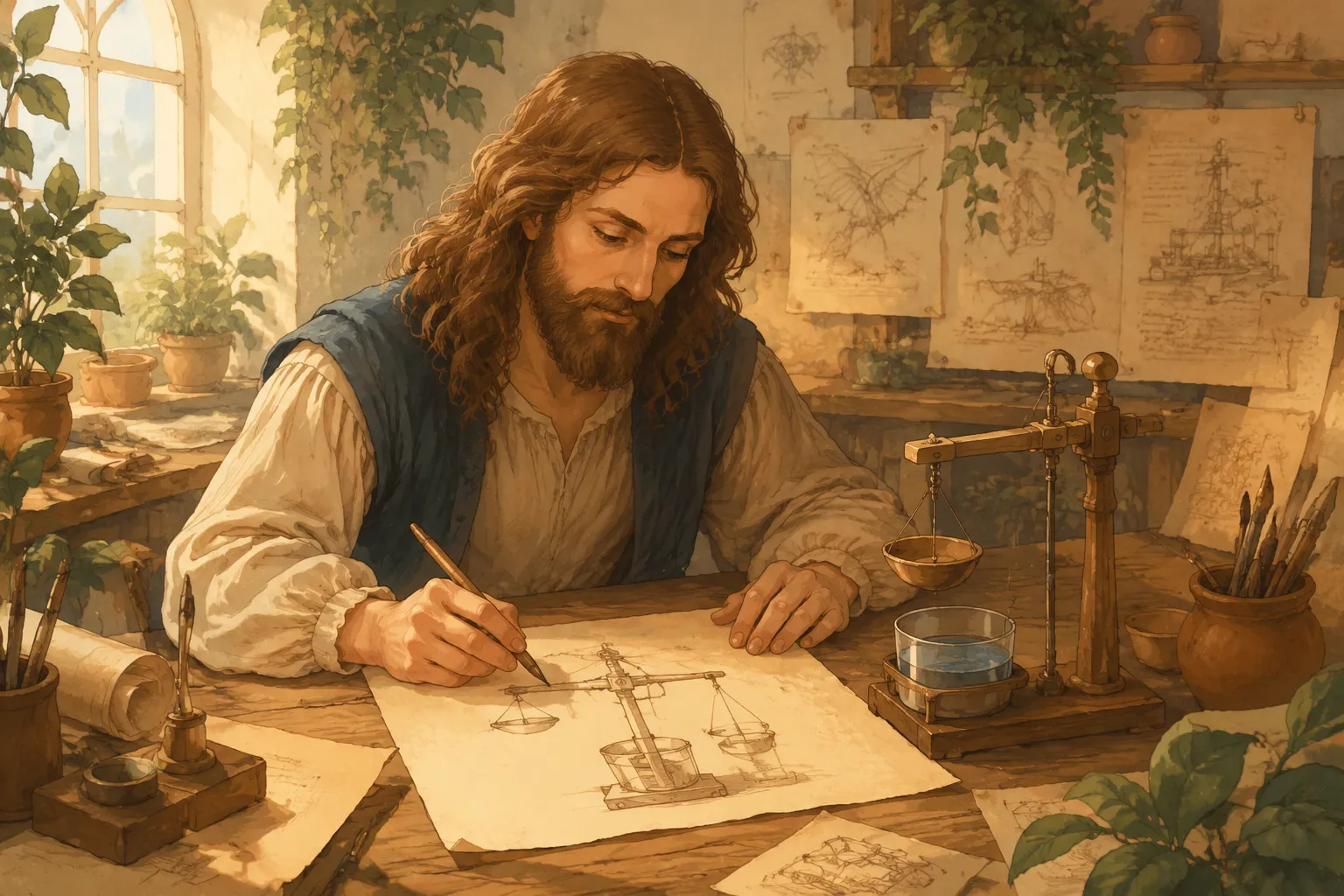 Leonardo da Vinci beim Skizzieren von Feuchtigkeitsmessgeräten