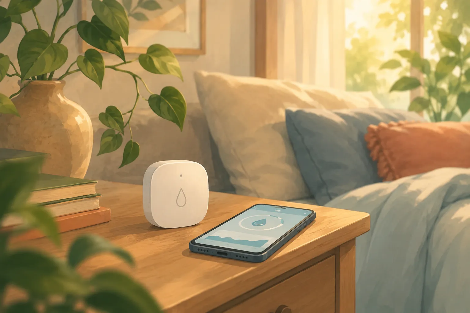 Smart Home Hygrometer mit App-Anbindung auf einem Nachttisch