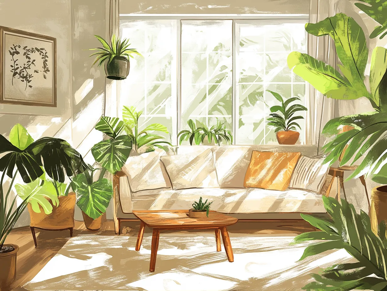 Wohnzimmer mit Zimmerpflanzen für gesundes Raumklima