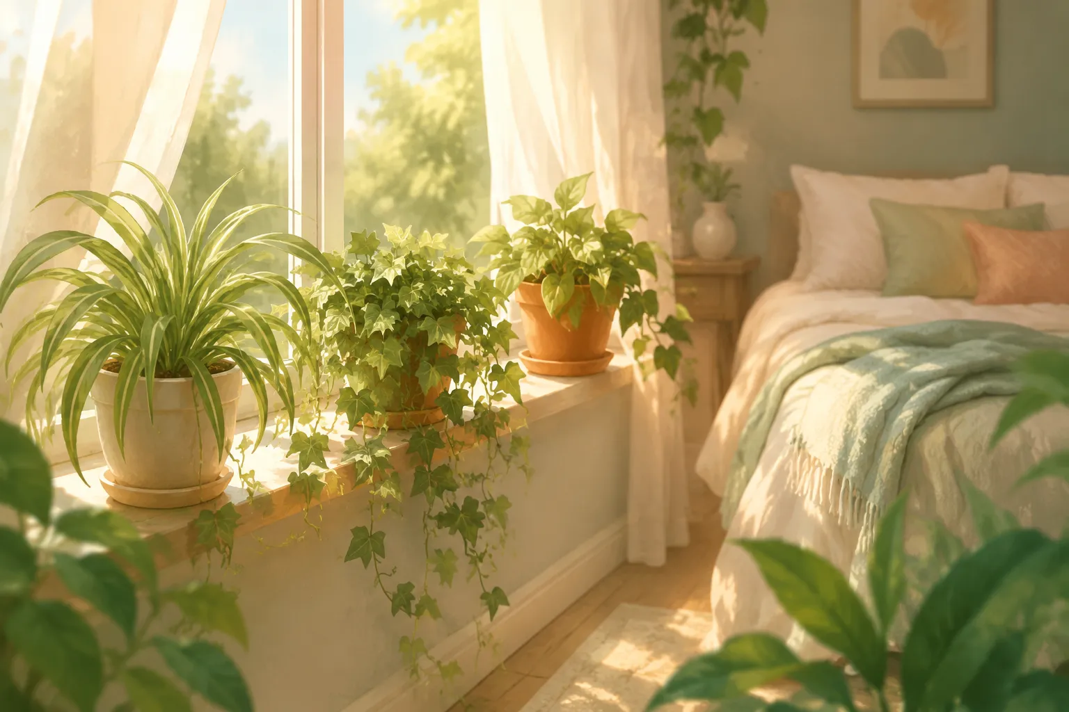 Grüne Zimmerpflanzen auf der Fensterbank im Schlafzimmer im warmen Morgenlicht